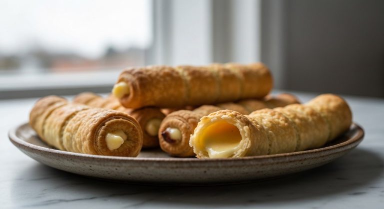 Zlatohnědé bezlepkové trubičky na keramickém talíři s vanilkovým krémem