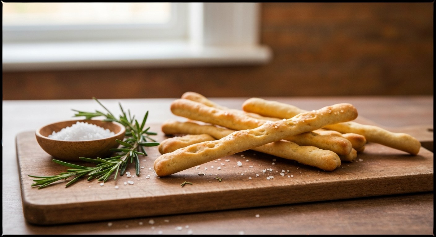Zlatohnědé bezlepkové slané tyčinky na dřevěném prkénku s mořskou solí a rozmarýnem