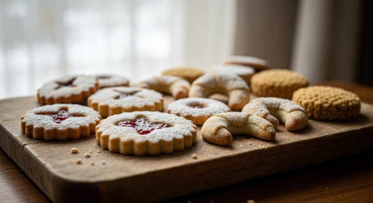 Různé druhy bezlepkového vánočního cukroví na dřevěném prkénku s moučkovým cukrem