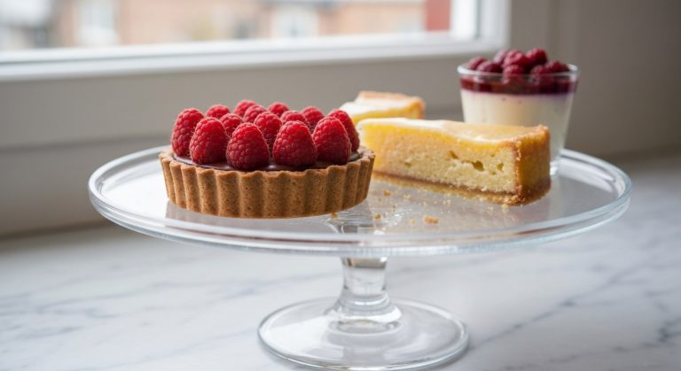 Skleněný tác s třemi bezlepkovými zákusky na mramorové desce