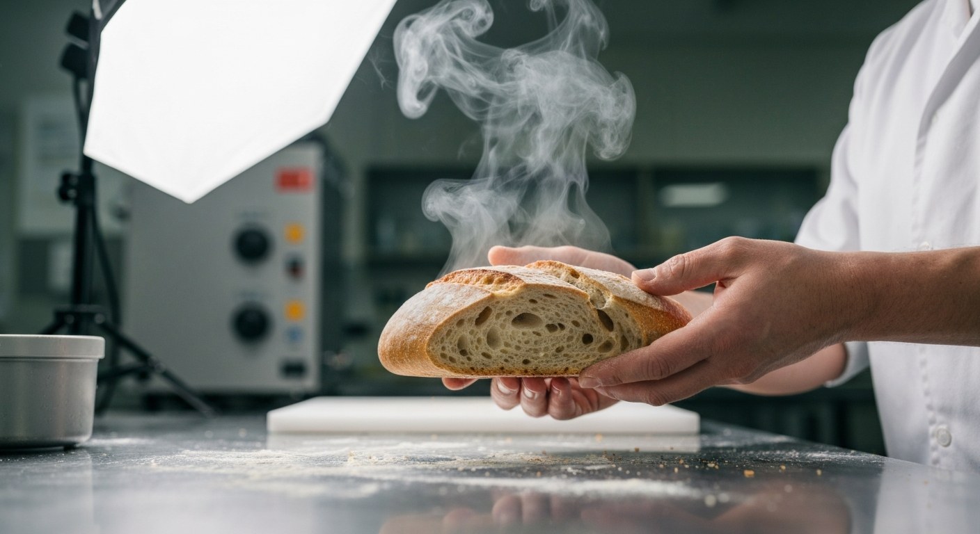 Vědec drží čerstvě upečenou bezlepkovou bagetu v laboratoři UTB Zlín