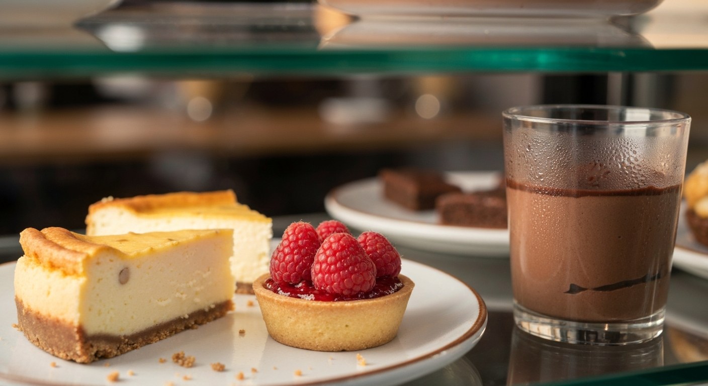 Bezlepkové zákusky v karlovarské cukrárně Výklad bezlepkové cukrárny s dorty a zákusky — cheesecake, ovocný tart a čokoládová pěna
