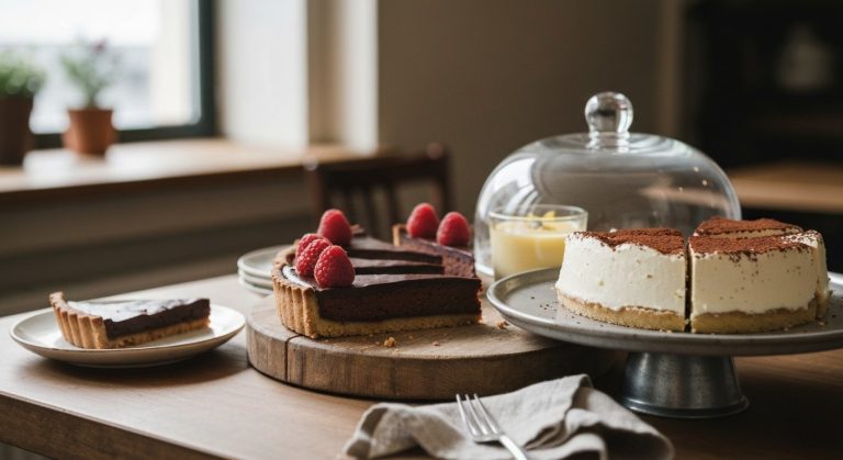 Různé bezlepkové zákusky na dřevěném podnosu v kavárně