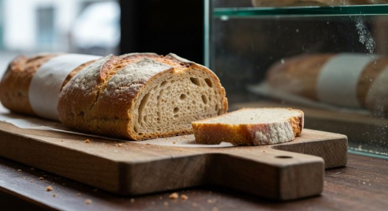 Čerstvý bezlepkový bochník na dřevěném prkénku s nakrojeným plátkem v pekařství