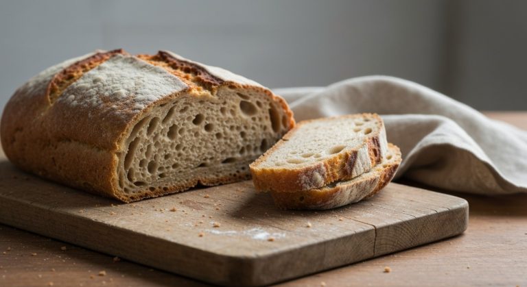 Čerstvě nakrájený bochník bezlepkového chleba na dřevěném prkénku s lněným ubrouskem