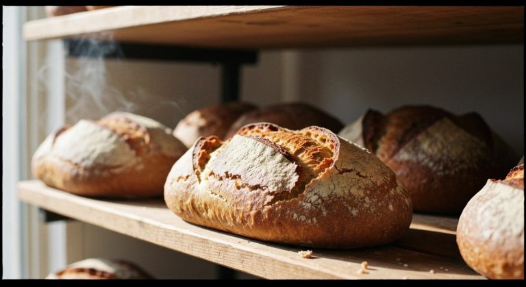 Čerstvě upečený bezlepkový chléb na dřevěných policích v prodejně