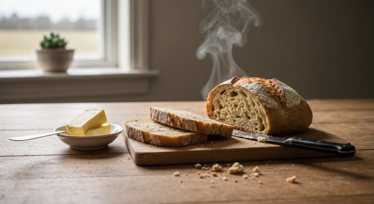 Čerstvě upečený bezlepkový chléb na dřevěném prkénku s máslem