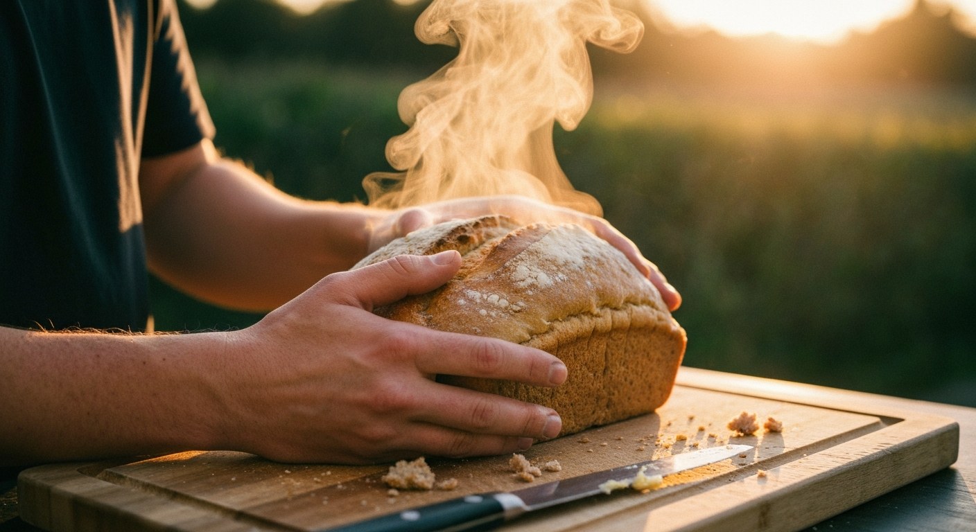 Ruce držící čerstvě upečený bezlepkový chléb na dřevěném prkénku
