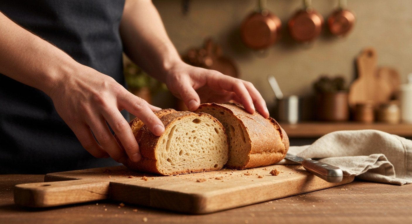 Čerstvě upečený bezlepkový chléb krájený na dřevěném prkénku