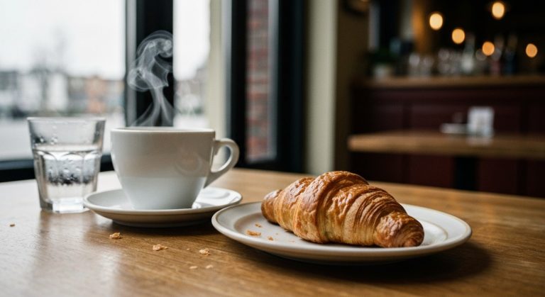 Čerstvý bezlepkový croissant na keramickém talíři s kávou v kavárně