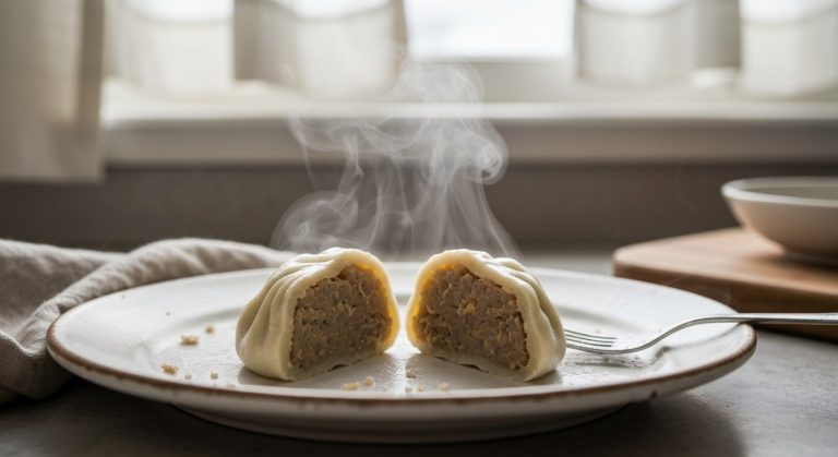 Pára stoupající z nakrájeného bezlepkového knedlíku na bílém talíři