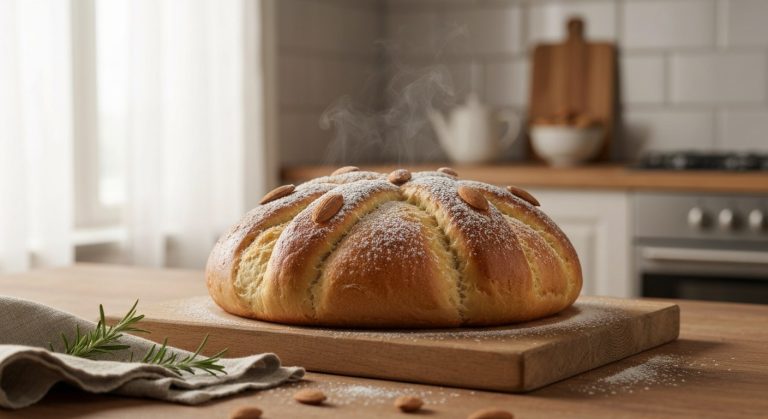 Čerstvě upečený bezlepkový mazanec s mandlemi na dřevěném prkénku