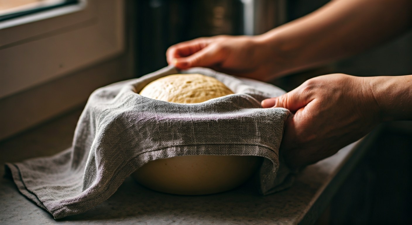 Kynutí bezlepkového těsta Rukou zvedaný lněný ubrousek z mísy s kynoucím těstem
