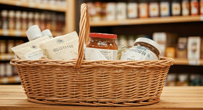 Nákupní košík s bezlepkovými produkty na dřevěné polici specializované prodejny