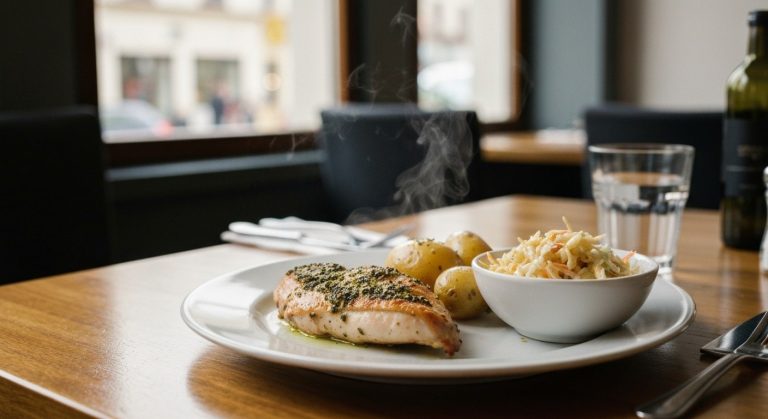 Bezlepkový oběd na dřevěném stole v restauraci — kuřecí maso s bramborami a zelným salátem