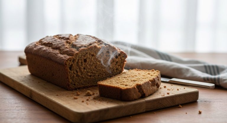 Čerstvě upečený bezlepkový perník na dřevěném prkénku s odkrojeným plátkem