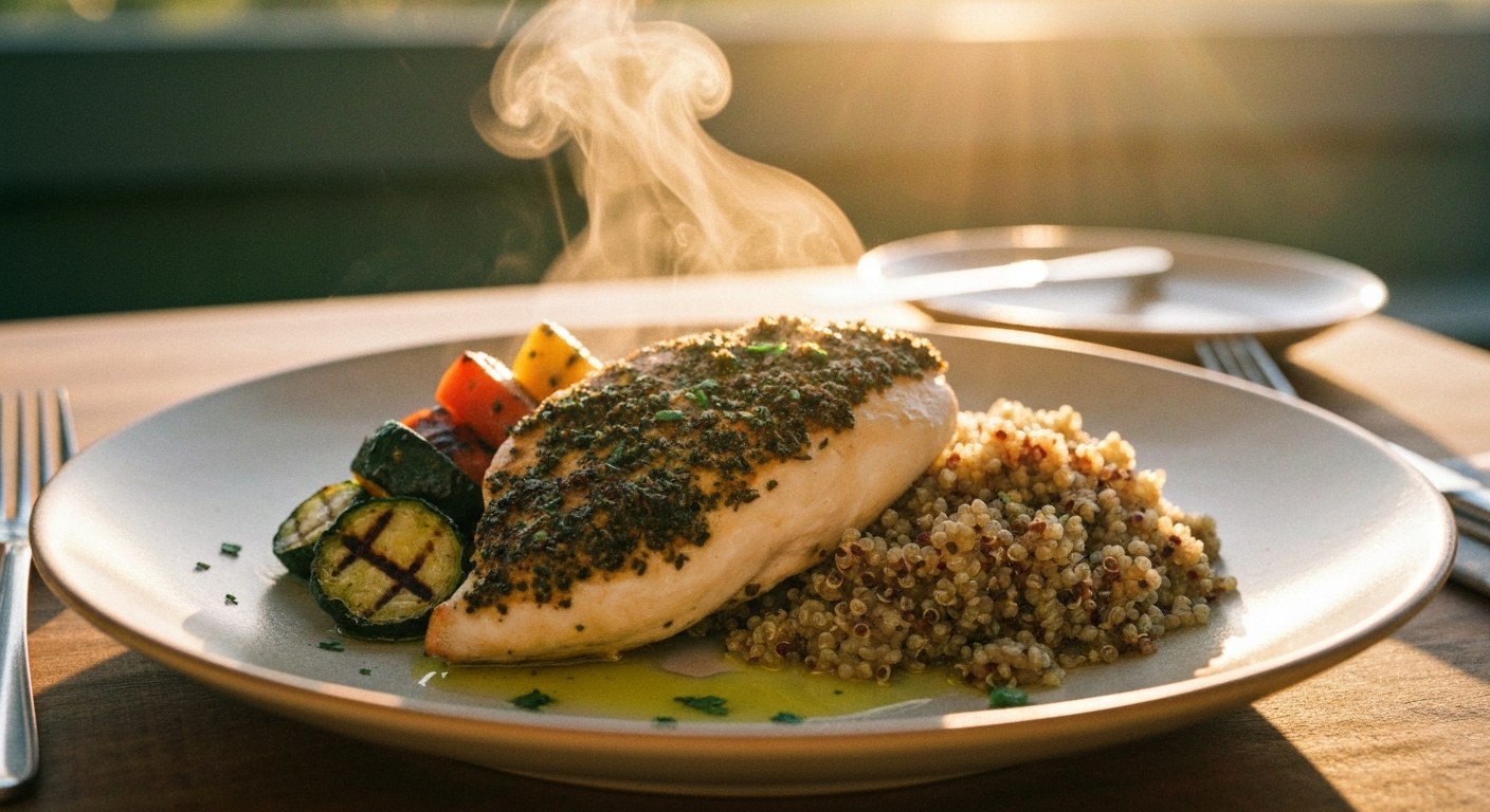 Profi fotka bezlepkového jídla: grilované kuře, pečená zelenina a quinua na talíři