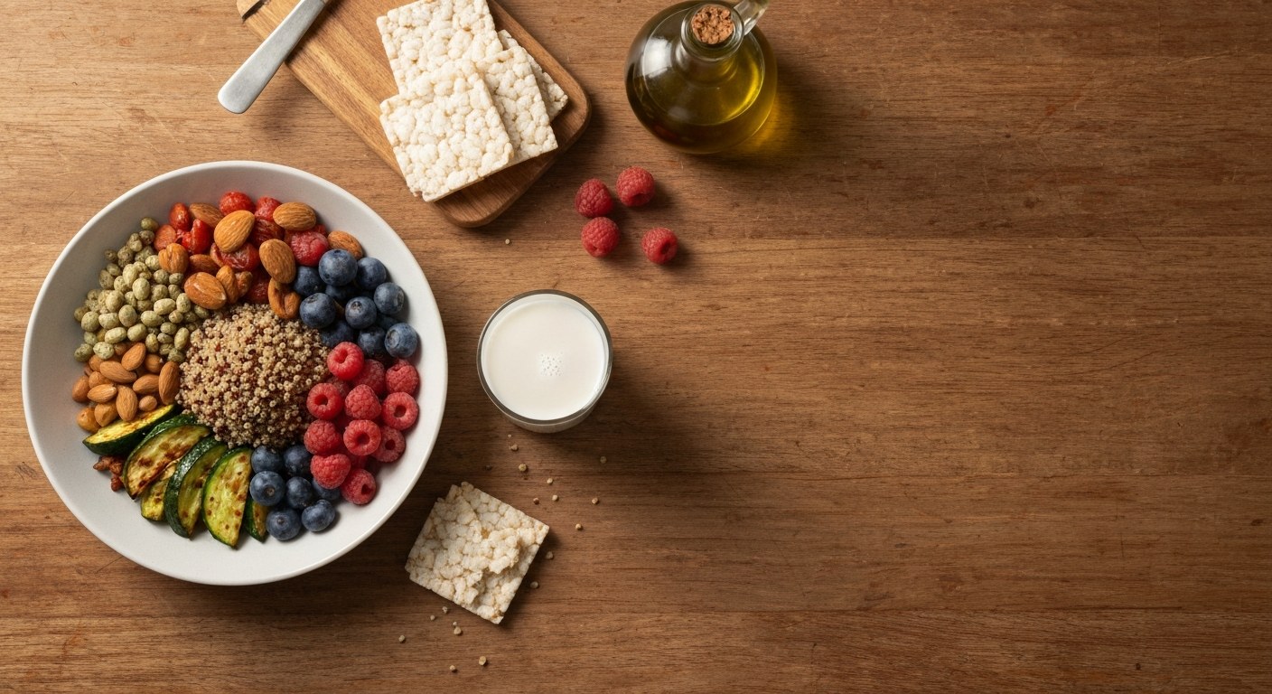Rozložení bezpečných potravin bez lepku a laktózy na dřevěném stole