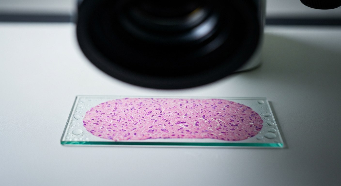 Mikroskopické vyšetření biopsie Histologický vzorek střevní sliznice pod mikroskopem