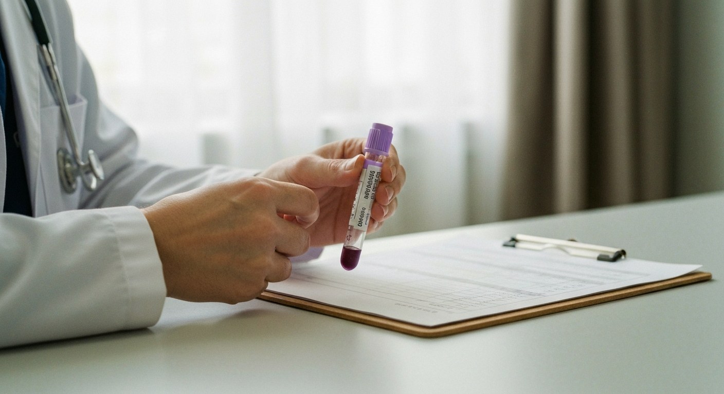 Odběr krve na protilátky Zdravotnický pracovník připravuje zkumavku na odběr krve pro diagnostiku celiakie
