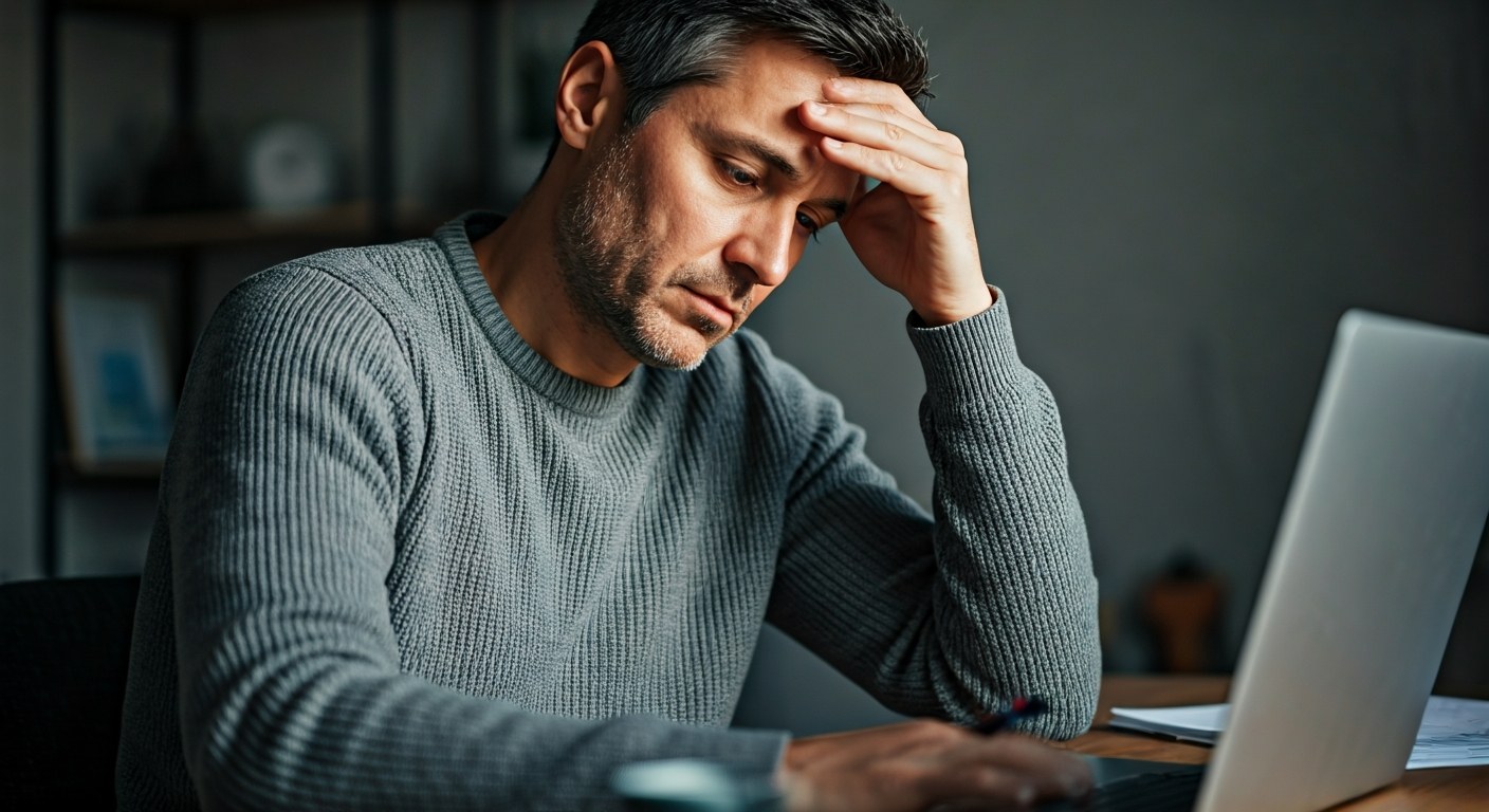 Unavený muž u pracovního stolu s laptopem, ruka na čele