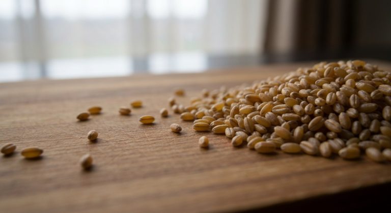 Detail syrových bulgur zrn na dřevěném prkénku s přirozenou texturou a měkkým osvětlením