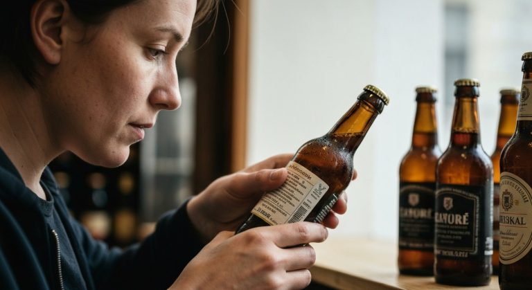Člověk zkoumá etikety lahví piva v obchodě, kontroluje složení pro bezlepkovou dietu