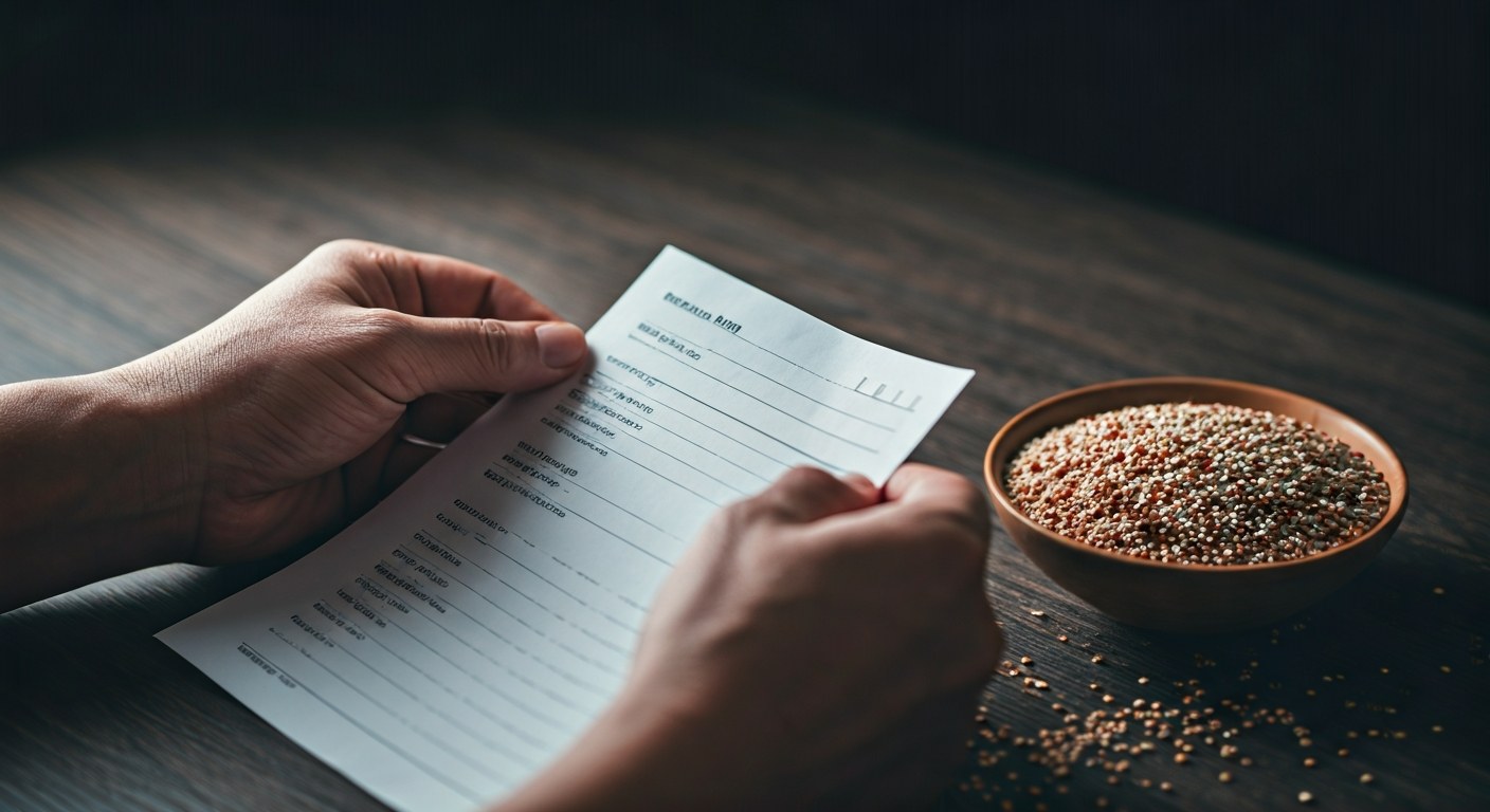 Ruce držící lékařský test vedle mísy s bezlepkovými zrny