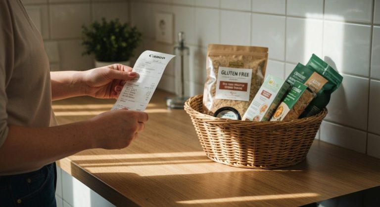 Ženské ruce drží účtenku vedle košíku s bezlepkovými produkty na kuchyňské lince