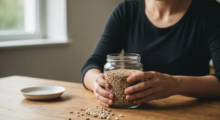 Ženské drží sklenici s ječmennými zrny na dřevěném stole