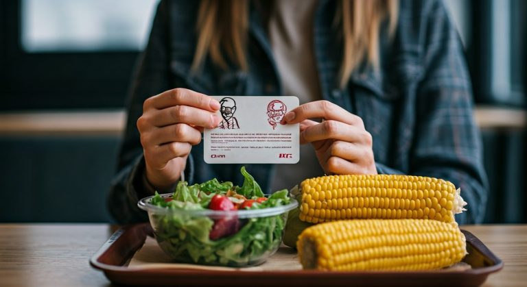 Ženské ruce drží alergenovou kartu KFC nad tácem se salátem a vařenou kukuřicí