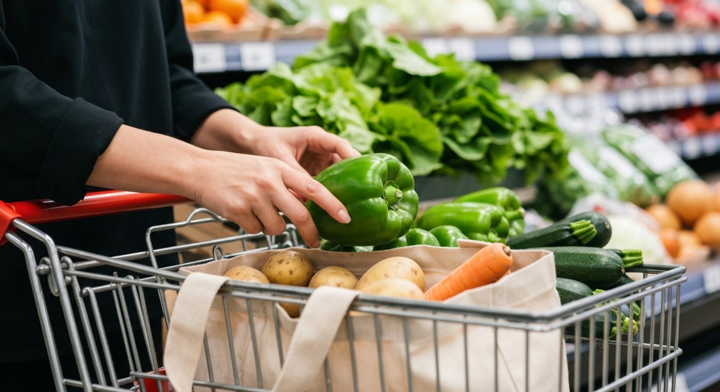 Ženské ruce vybírají čerstvou zeleninu v supermarketu, košík s bramborami