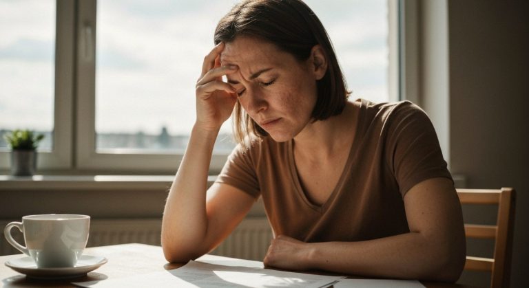 Žena u kuchyňského stolu s rukou na čele, výraz únavy a mozkové mlhy