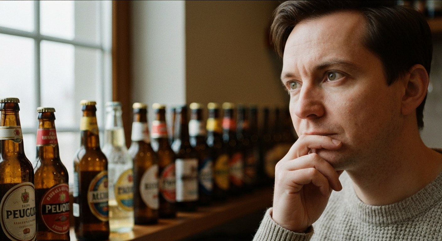 Dospělý člověk přemýšlí před policí s pivy v obchodě