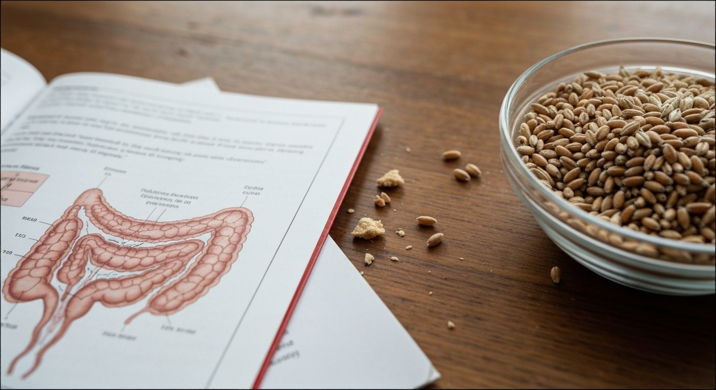 Obilná zrna a lékařská ilustrace střevních klků na dřevěném stole