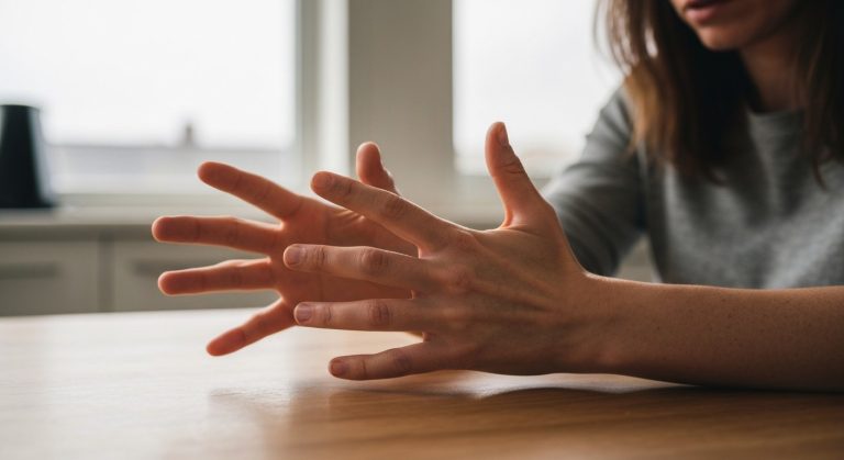 Ženské ruce na dřevěném stole, detailní záběr prstů při pocitu brnění