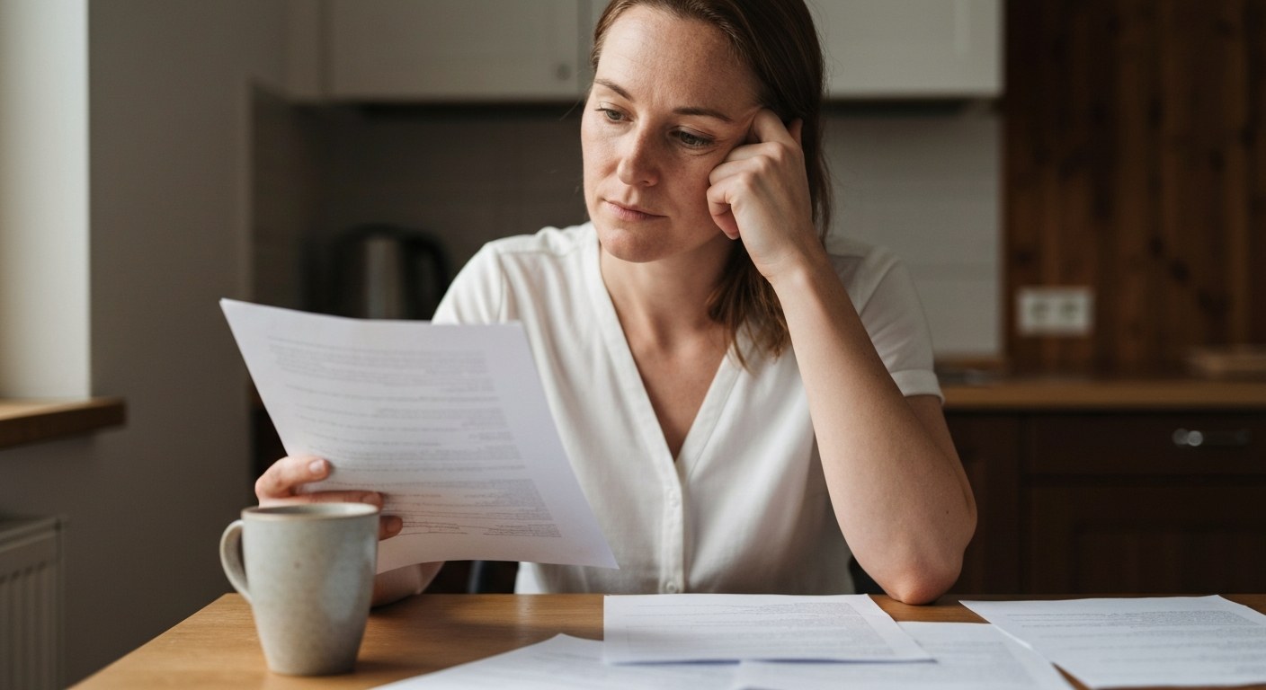 Žena u kuchyňského stolu prohlíží lékařské dokumenty při denním světle