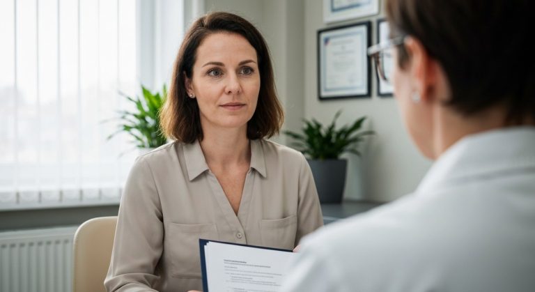 Žena ve středním věku na konzultaci s lékařem v ordinaci, drží výsledky vyšetření