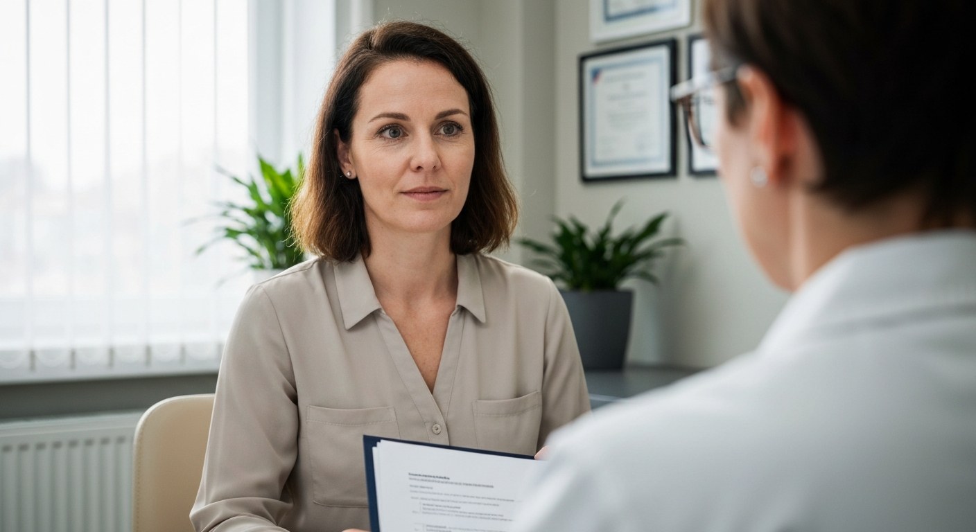 Žena ve středním věku na konzultaci s lékařem v ordinaci, drží výsledky vyšetření