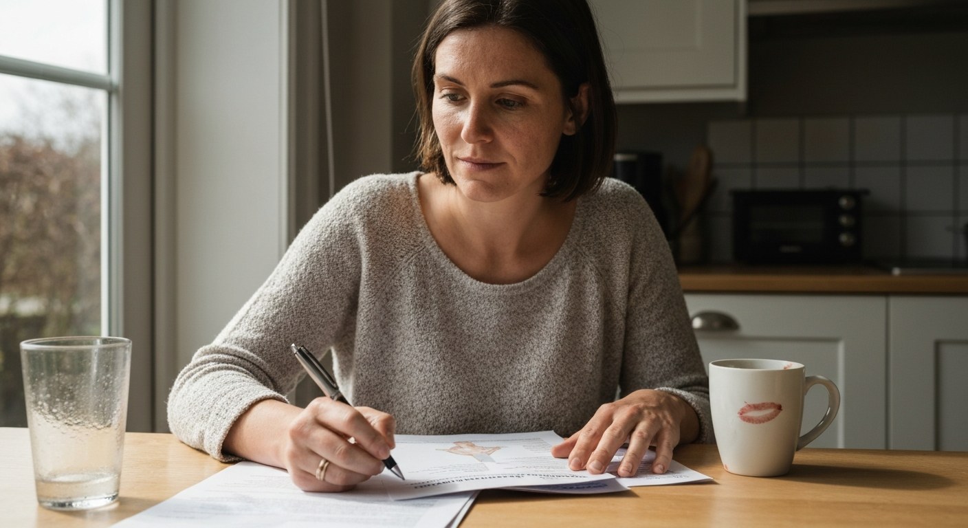 Žena u kuchyňského stolu studuje lékařské materiály o celiakii