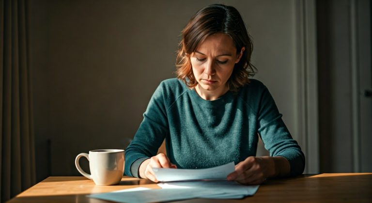 Žena ve věku kolem 40 let u stolu s lékařskými dokumenty