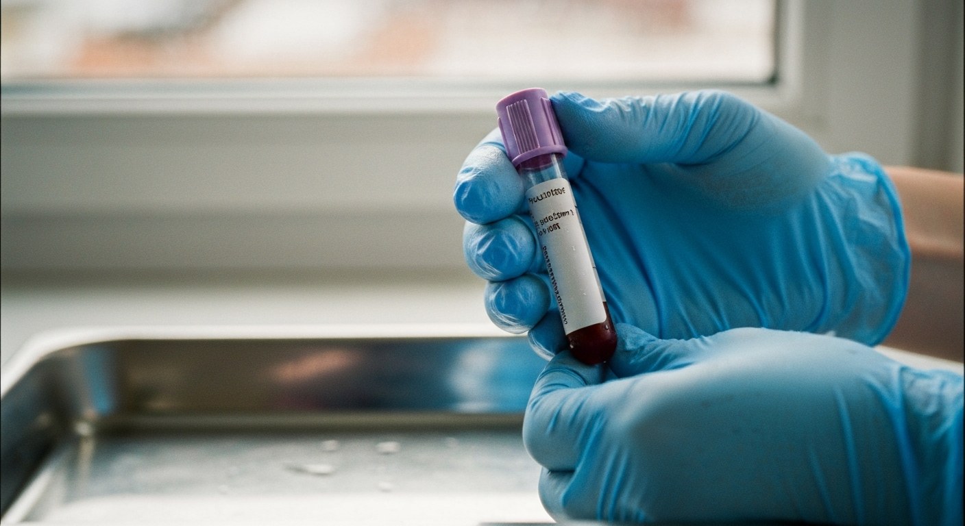 Ruka v modrých rukavicích drží zkumavku s krví na ocelovém tácu v laboratoři