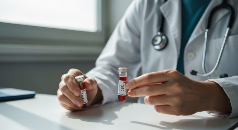 Ruce zdravotníka držící zkumavky s krví připravené k vyšetření na celiakii