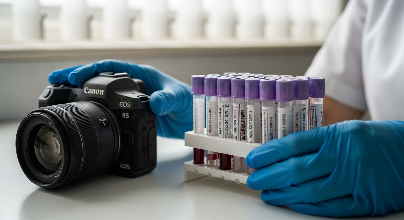 Ruce v modrých rukavicích drží zkumavky s krví ve stojanu v laboratoři