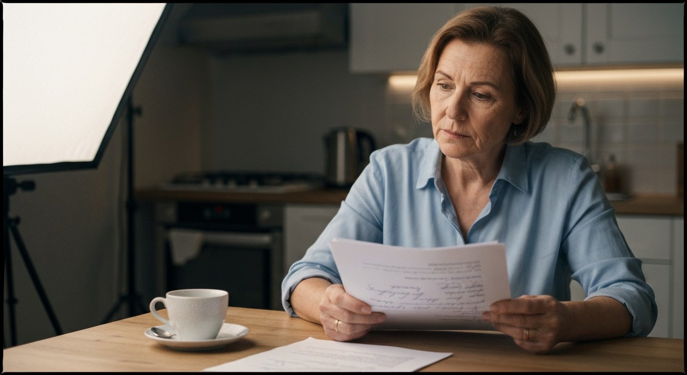 Žena studující lékařské dokumenty o celiakii u kuchyňského stolu