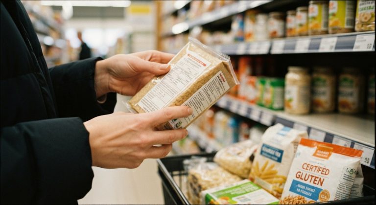 Ženské ruce drží obal potraviny v supermarketu a čtou složení při nákupu bezlepkových produktů