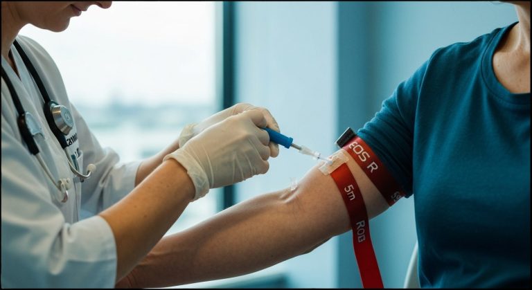 Zdravotní sestra odebírá krev pacientovi při vyšetření na celiakii v ordinaci