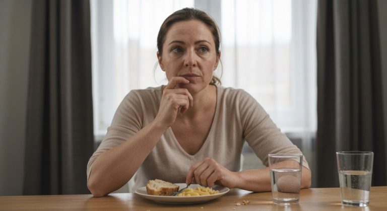 Žena u kuchyňského stolu přemýšlí nad talířem s chlebem a těstovinami