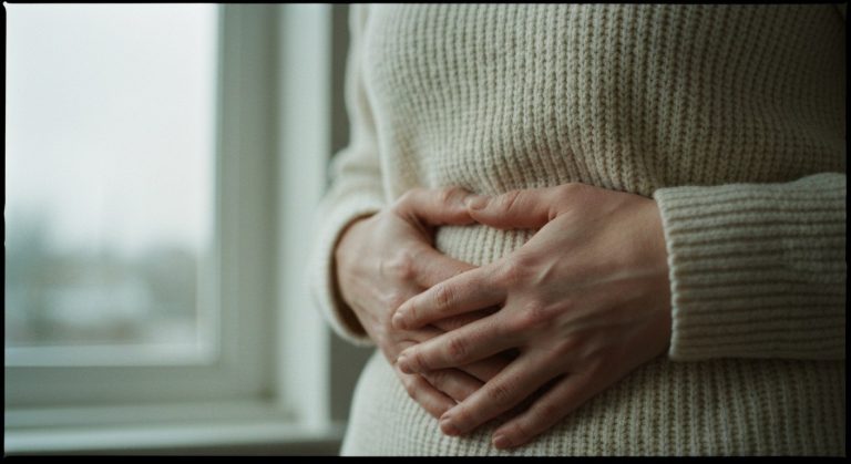 Žena držící se za břicho při trávicích potížích