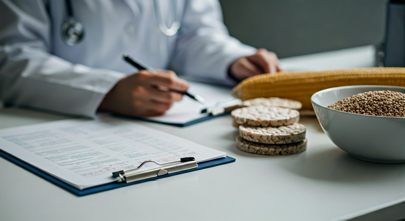 Diagnostika celiakie a bezlepková dieta Lékařská ordinace s výsledky testů a ukázkami bezlepkových potravin